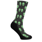 Green Alien Face Print Crew Socks