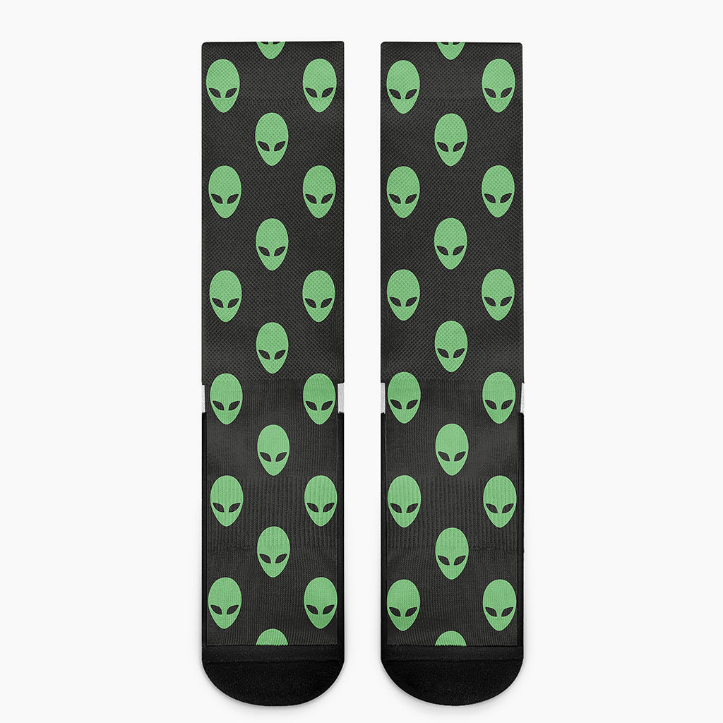 Green Alien Face Print Crew Socks