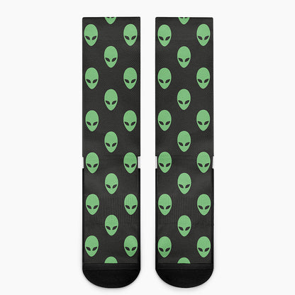 Green Alien Face Print Crew Socks
