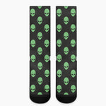 Green Alien Face Print Crew Socks