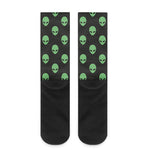 Green Alien Face Print Crew Socks