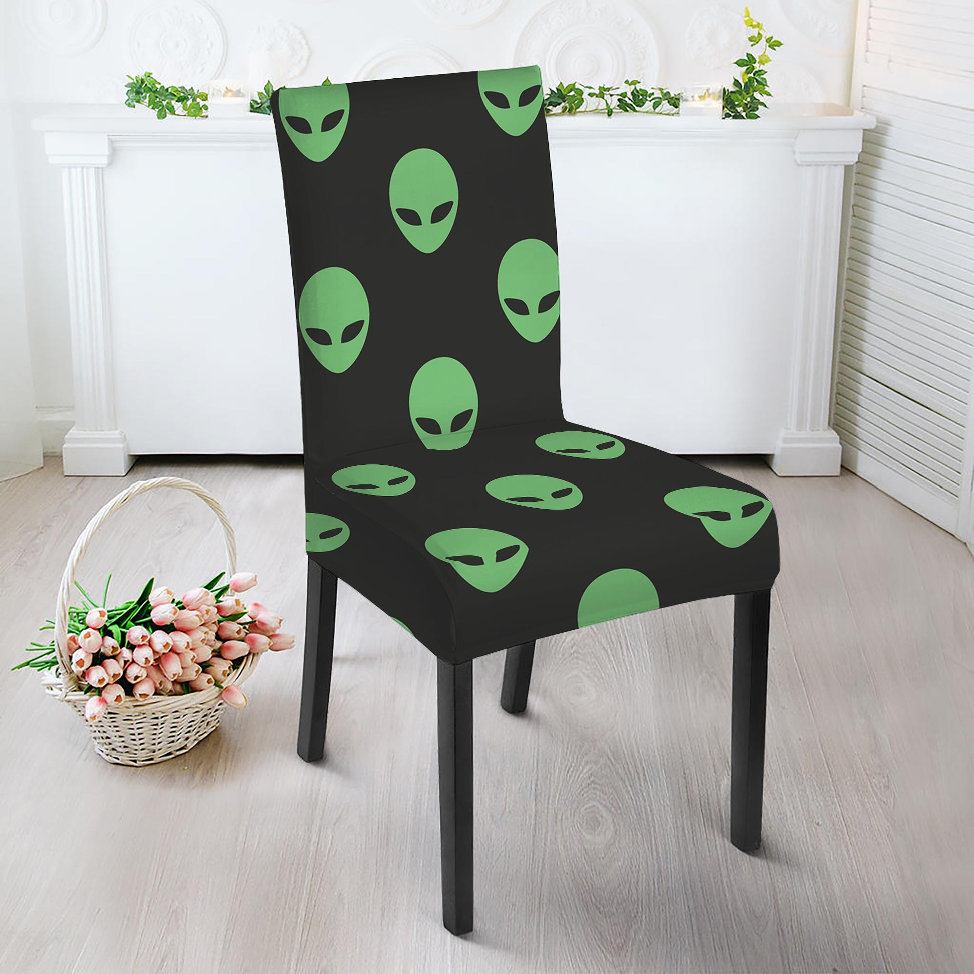 Green Alien Face Print Dining Chair Slipcover