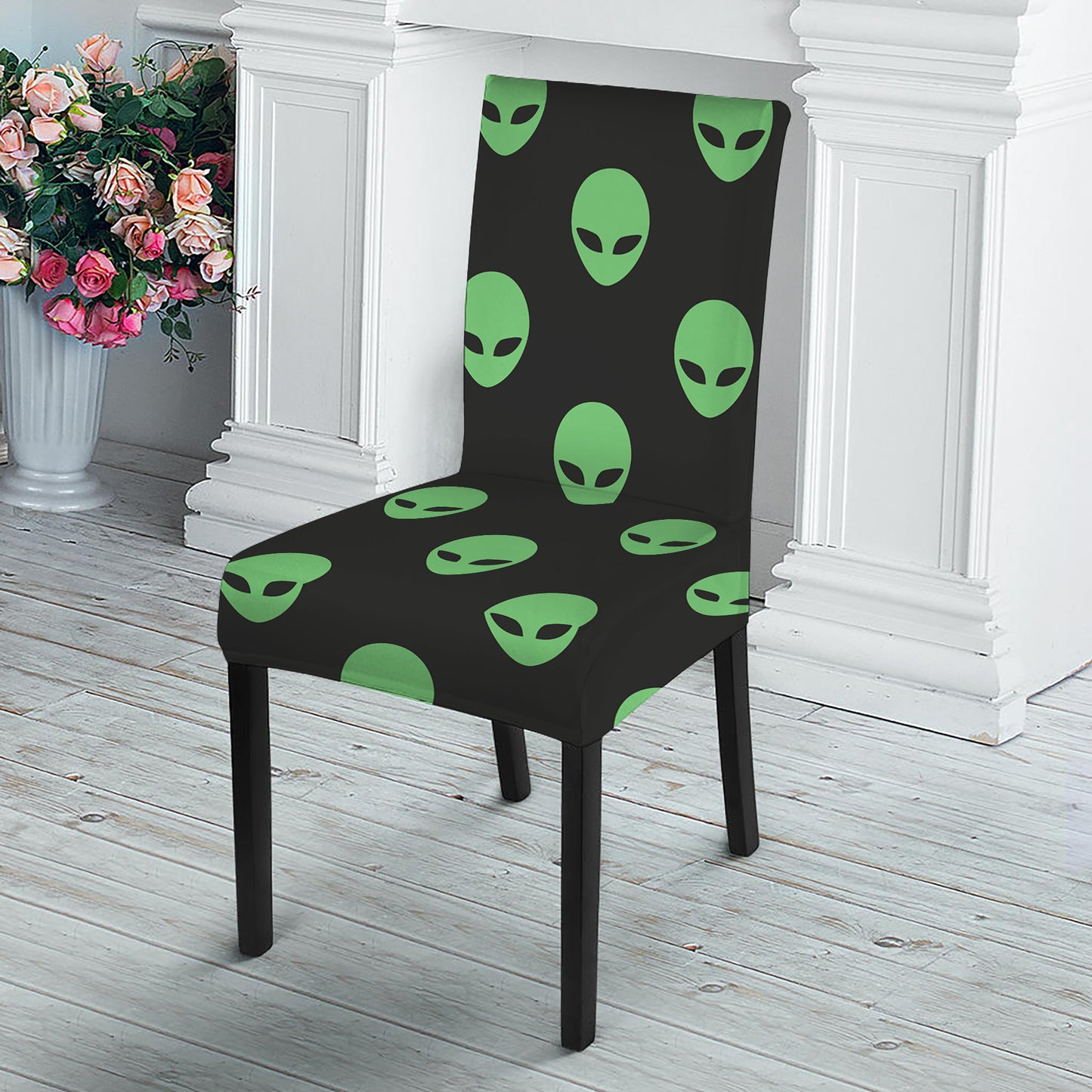 Green Alien Face Print Dining Chair Slipcover