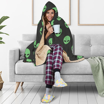 Green Alien Face Print Hooded Blanket
