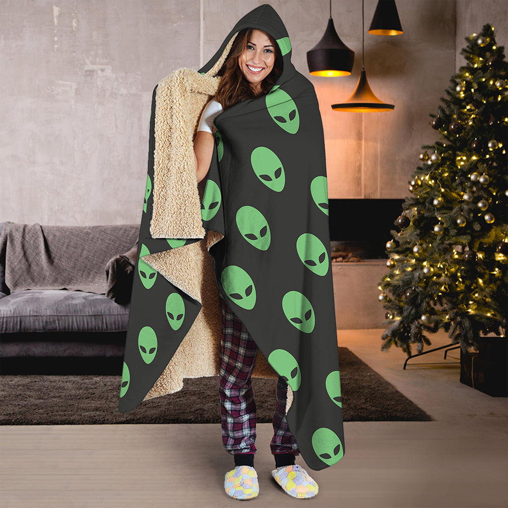 Green Alien Face Print Hooded Blanket