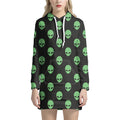 Green Alien Face Print Pullover Hoodie Dress