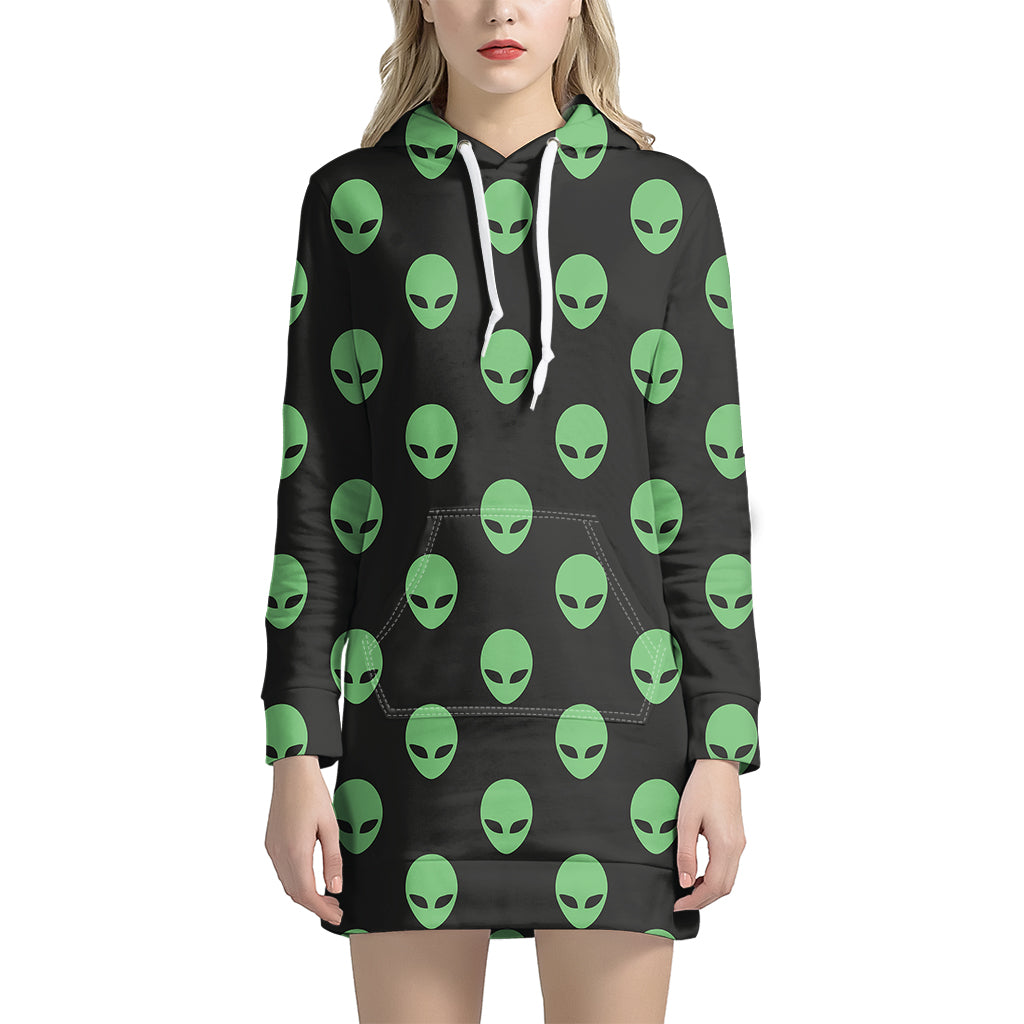 Green Alien Face Print Hoodie Dress