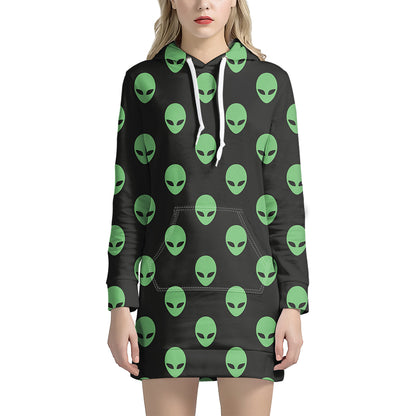 Green Alien Face Print Hoodie Dress