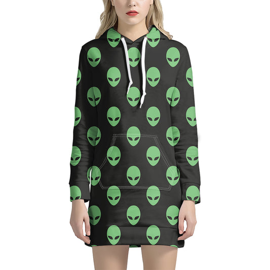 Green Alien Face Print Hoodie Dress