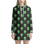 Green Alien Face Print Hoodie Dress