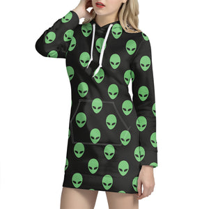 Green Alien Face Print Hoodie Dress