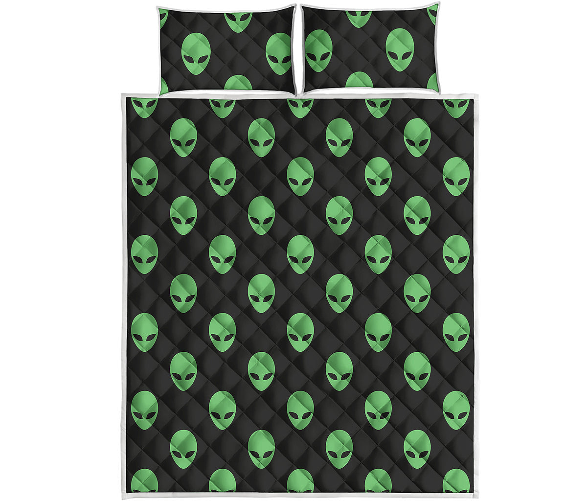 Green Alien Face Print Quilt Bed Set