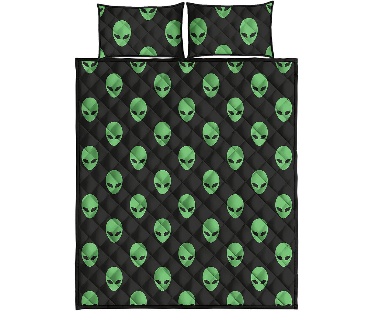 Green Alien Face Print Quilt Bed Set