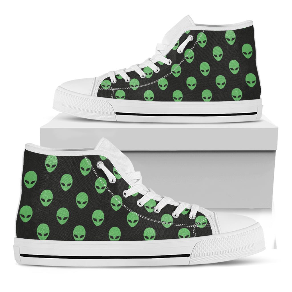 Green Alien Face Print White High Top Shoes