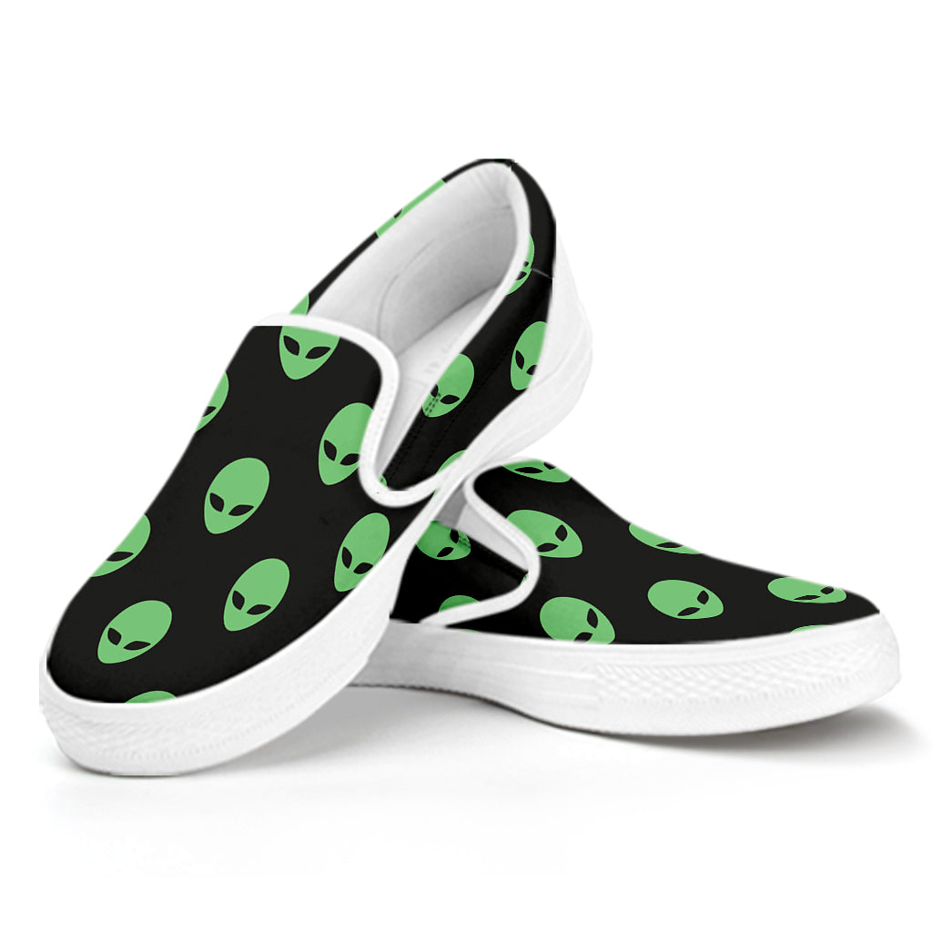 Green Alien Face Print White Slip On Shoes