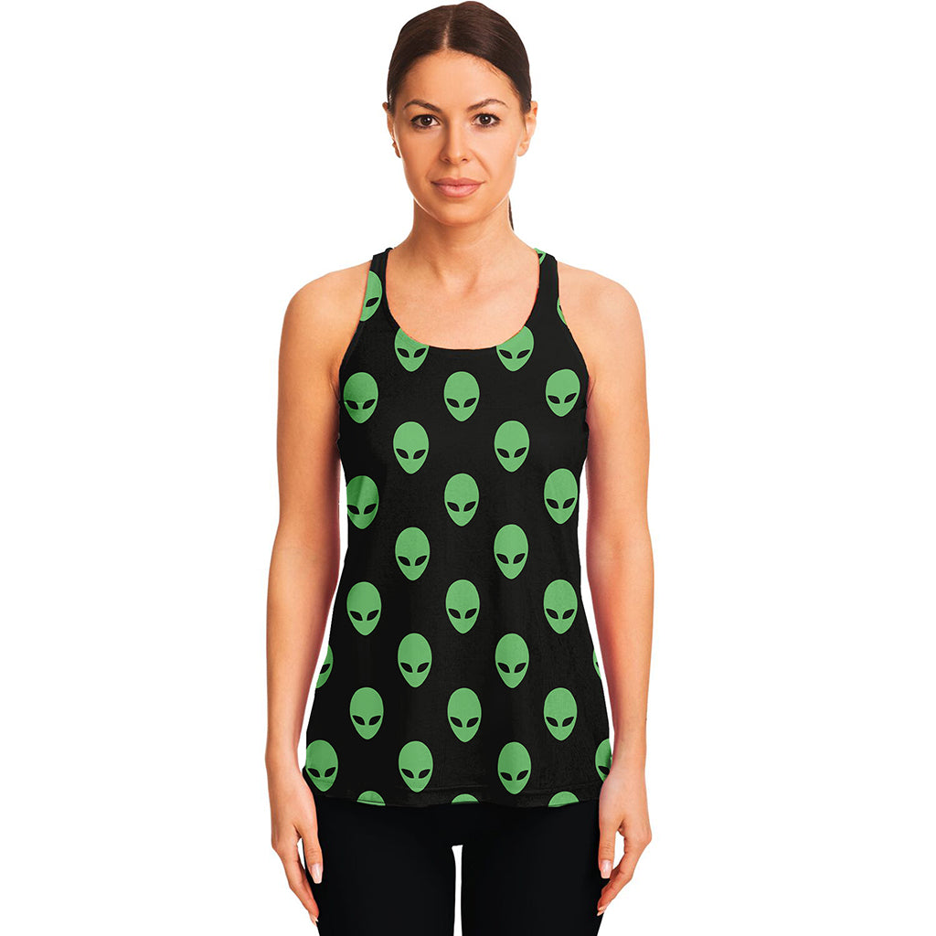 Green Alien Face Print Women's Racerback Tank Top
