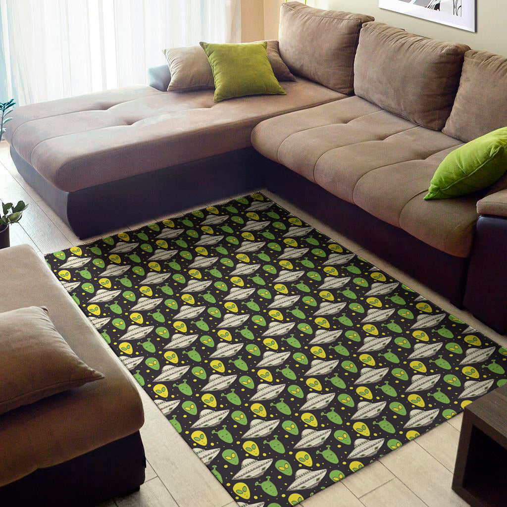 Green Alien UFO Space Print Area Rug