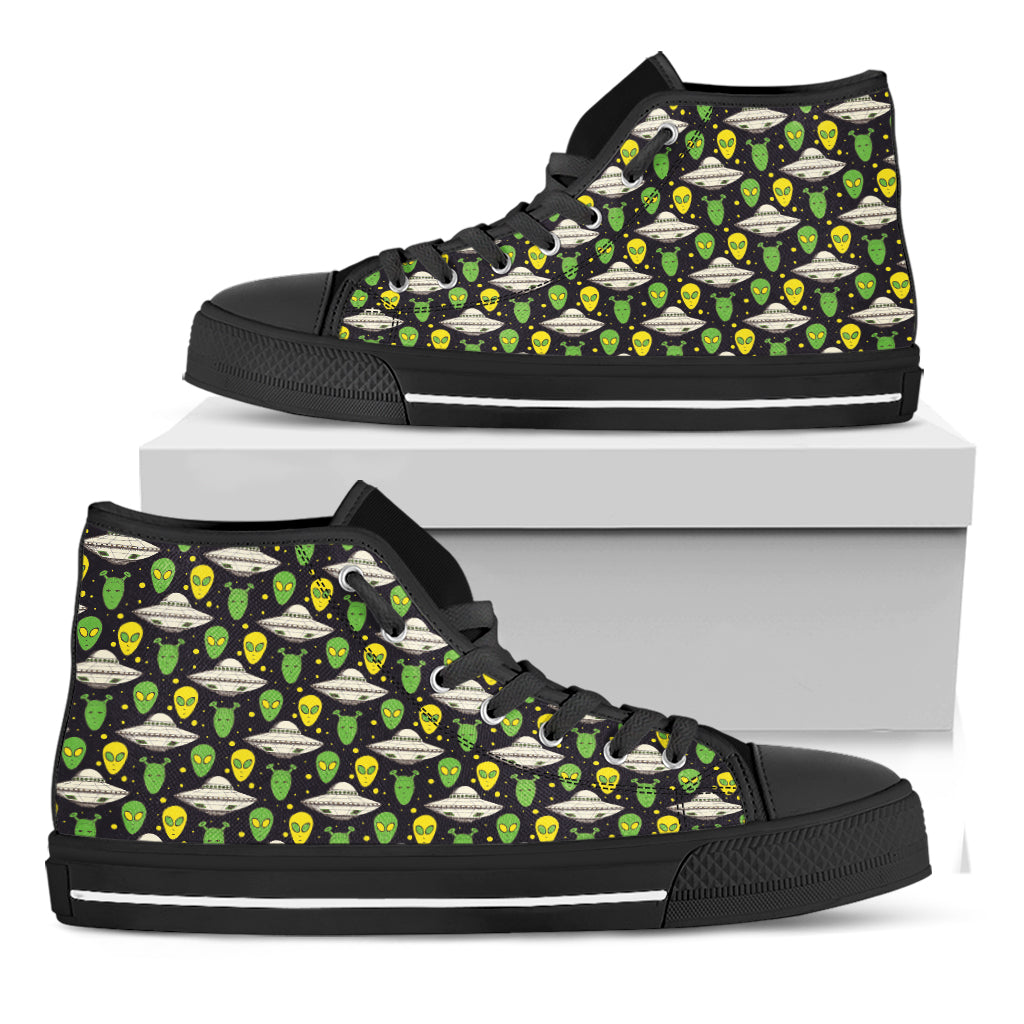 Green Alien UFO Space Print Black High Top Shoes