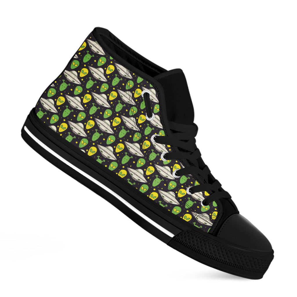 Green Alien UFO Space Print Black High Top Shoes