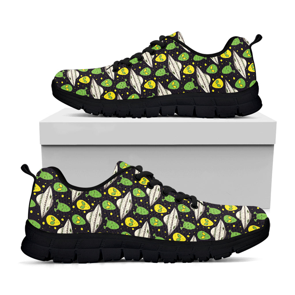 Green Alien UFO Space Print Black Sneakers