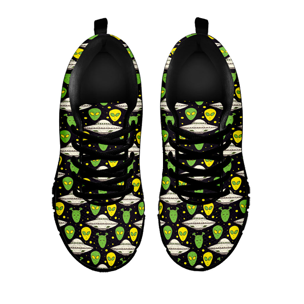 Green Alien UFO Space Print Black Sneakers