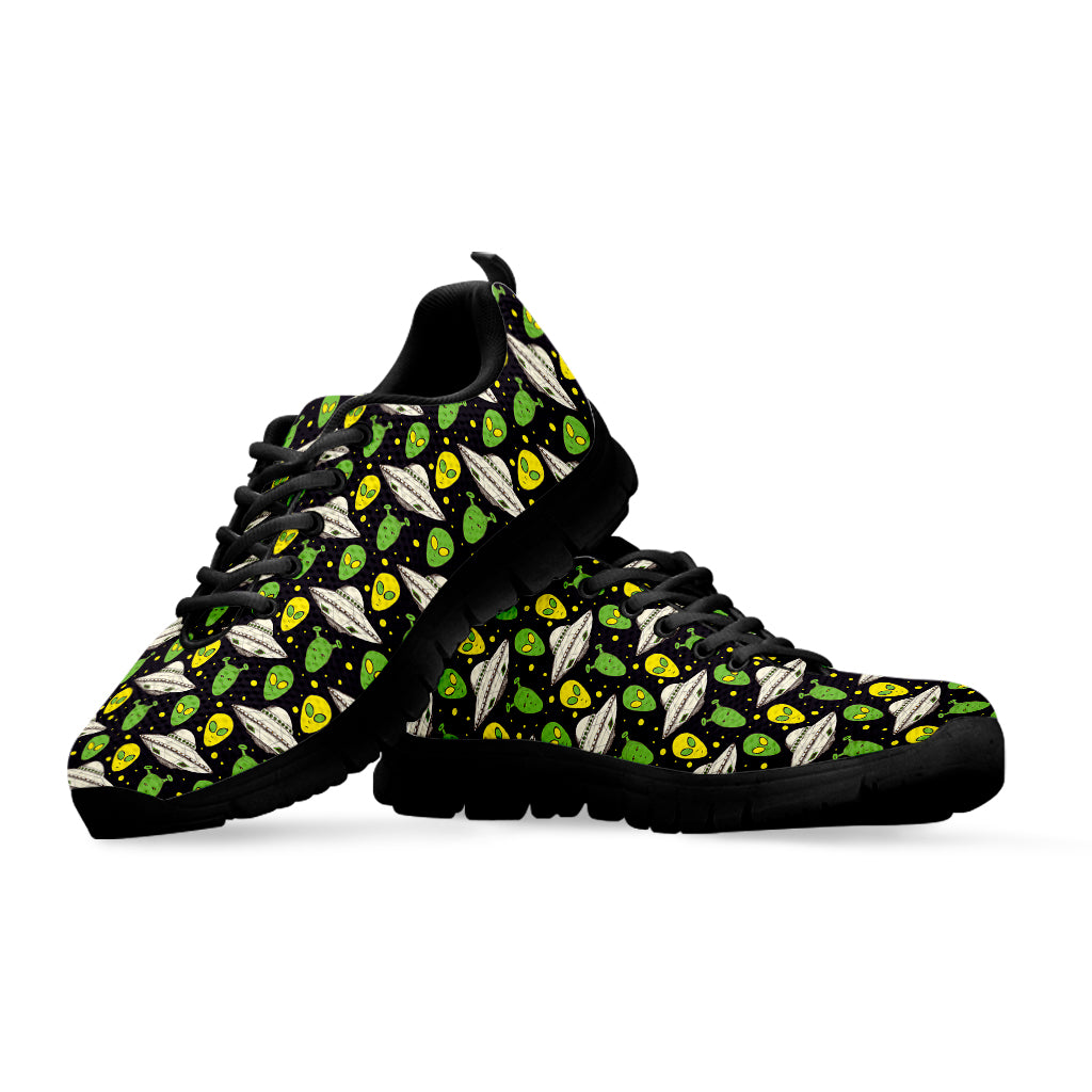 Green Alien UFO Space Print Black Sneakers