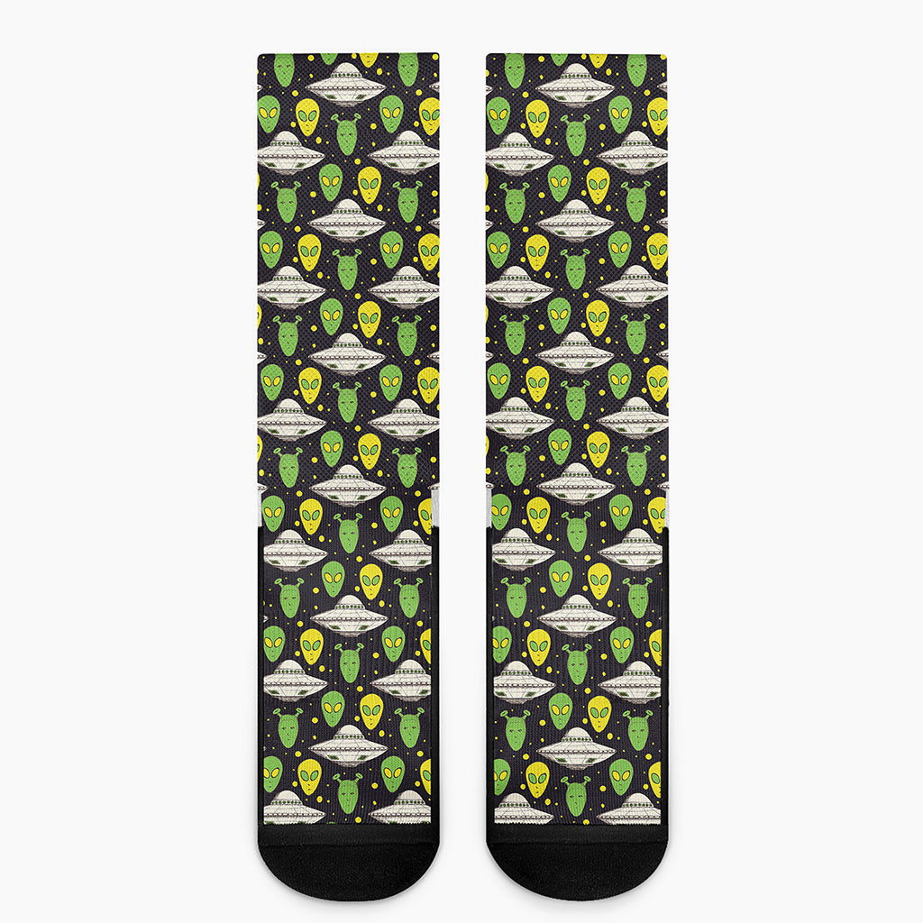Green Alien UFO Space Print Crew Socks