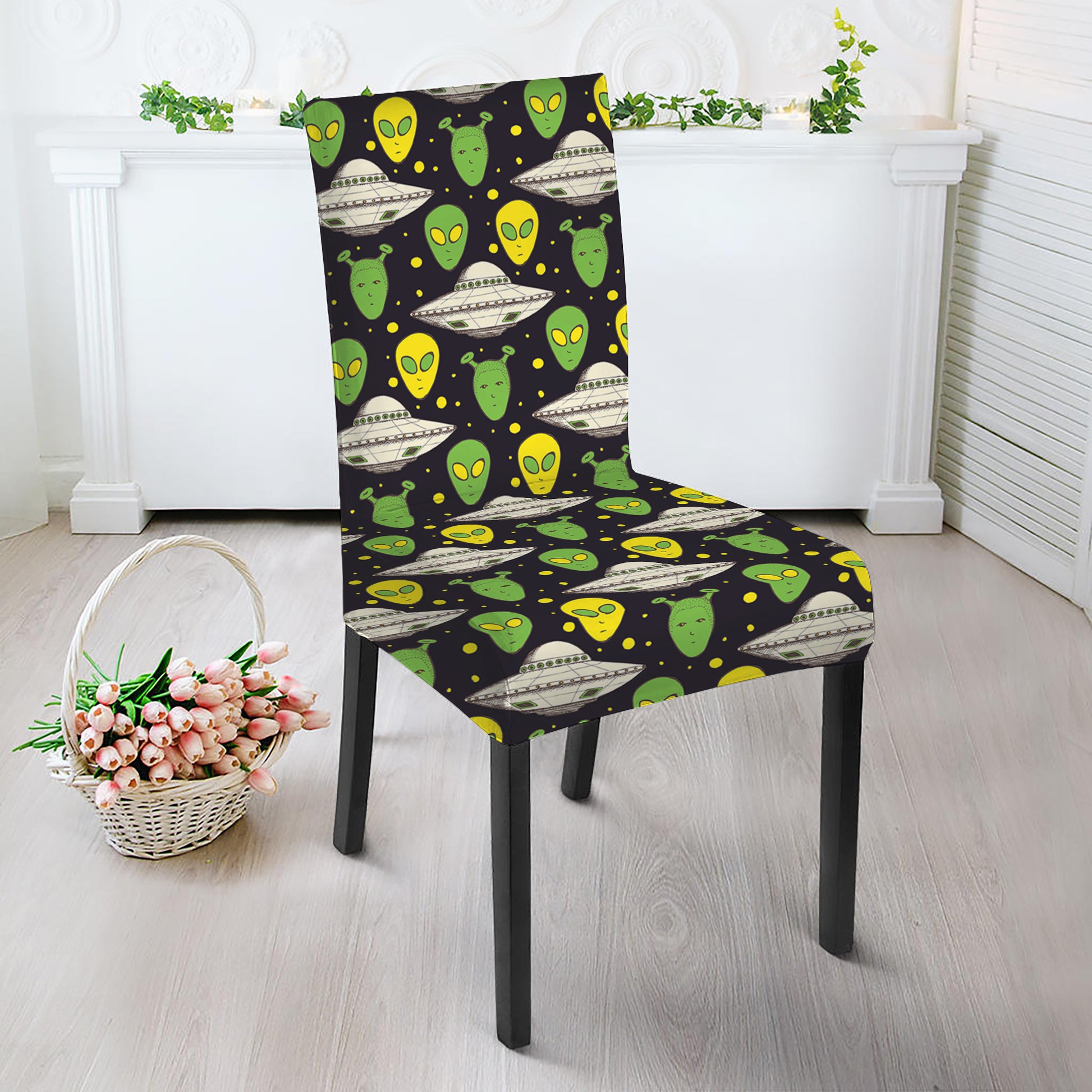 Green Alien UFO Space Print Dining Chair Slipcover
