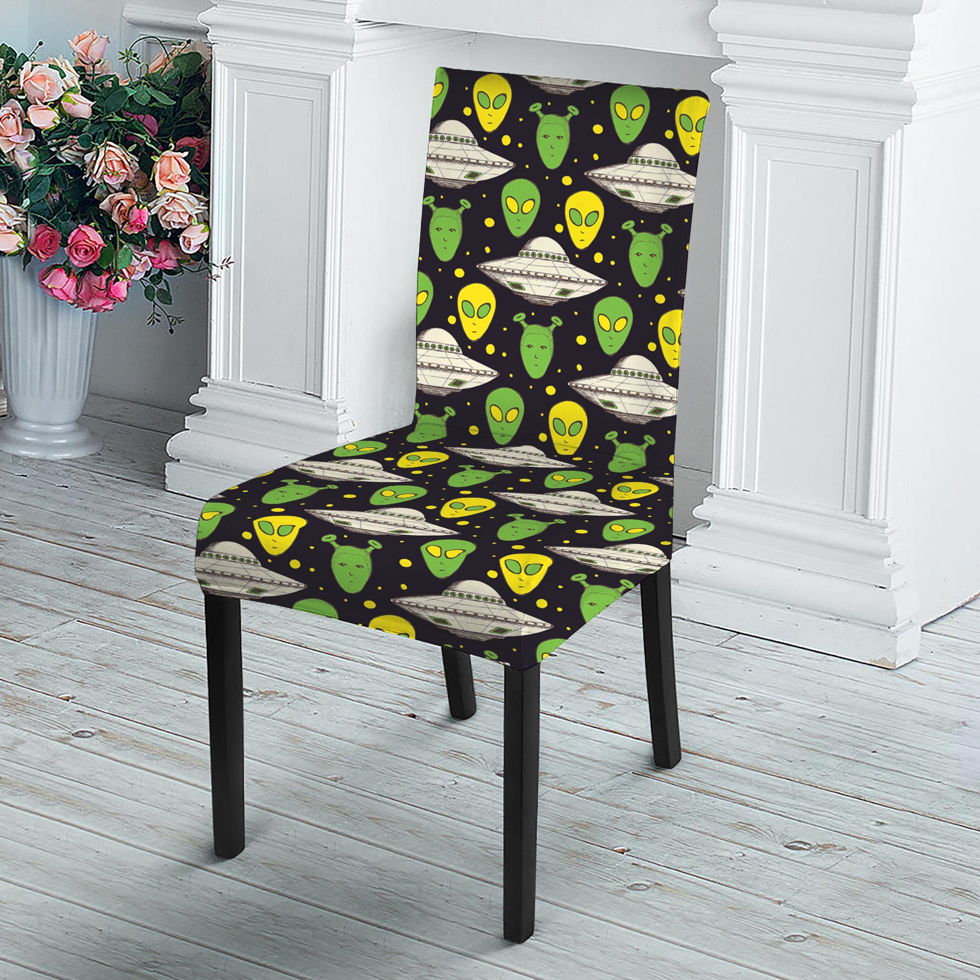 Green Alien UFO Space Print Dining Chair Slipcover