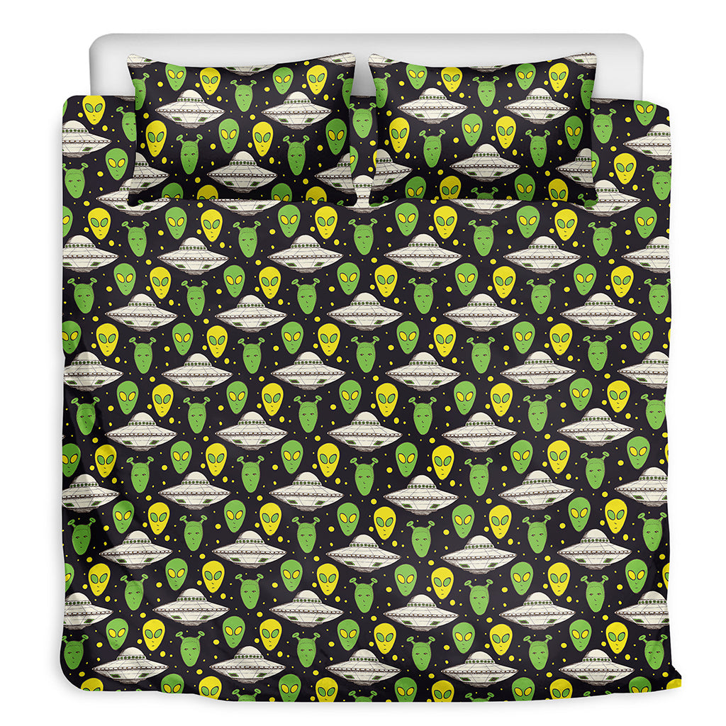 Green Alien UFO Space Print Duvet Cover Bedding Set
