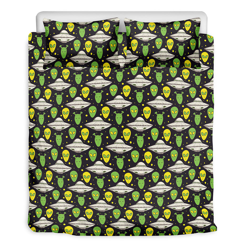 Green Alien UFO Space Print Duvet Cover Bedding Set