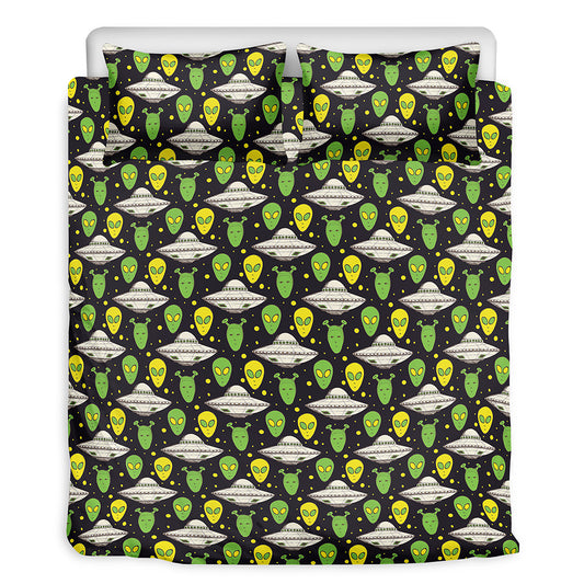 Green Alien UFO Space Print Duvet Cover Bedding Set