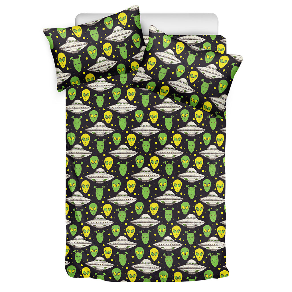 Green Alien UFO Space Print Duvet Cover Bedding Set