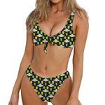 Green Alien UFO Space Print Front Bow Tie Bikini