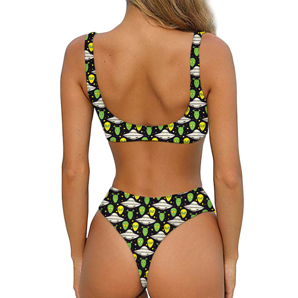 Green Alien UFO Space Print Front Bow Tie Bikini