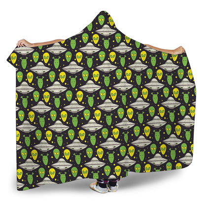 Green Alien UFO Space Print Hooded Blanket