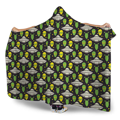Green Alien UFO Space Print Hooded Blanket