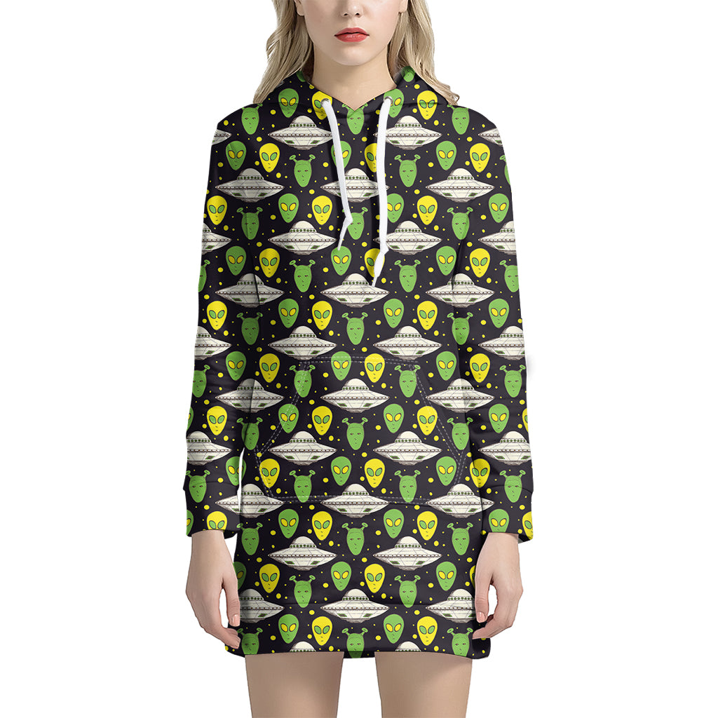 Green Alien UFO Space Print Hoodie Dress