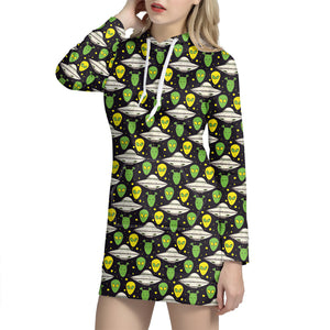 Green Alien UFO Space Print Hoodie Dress