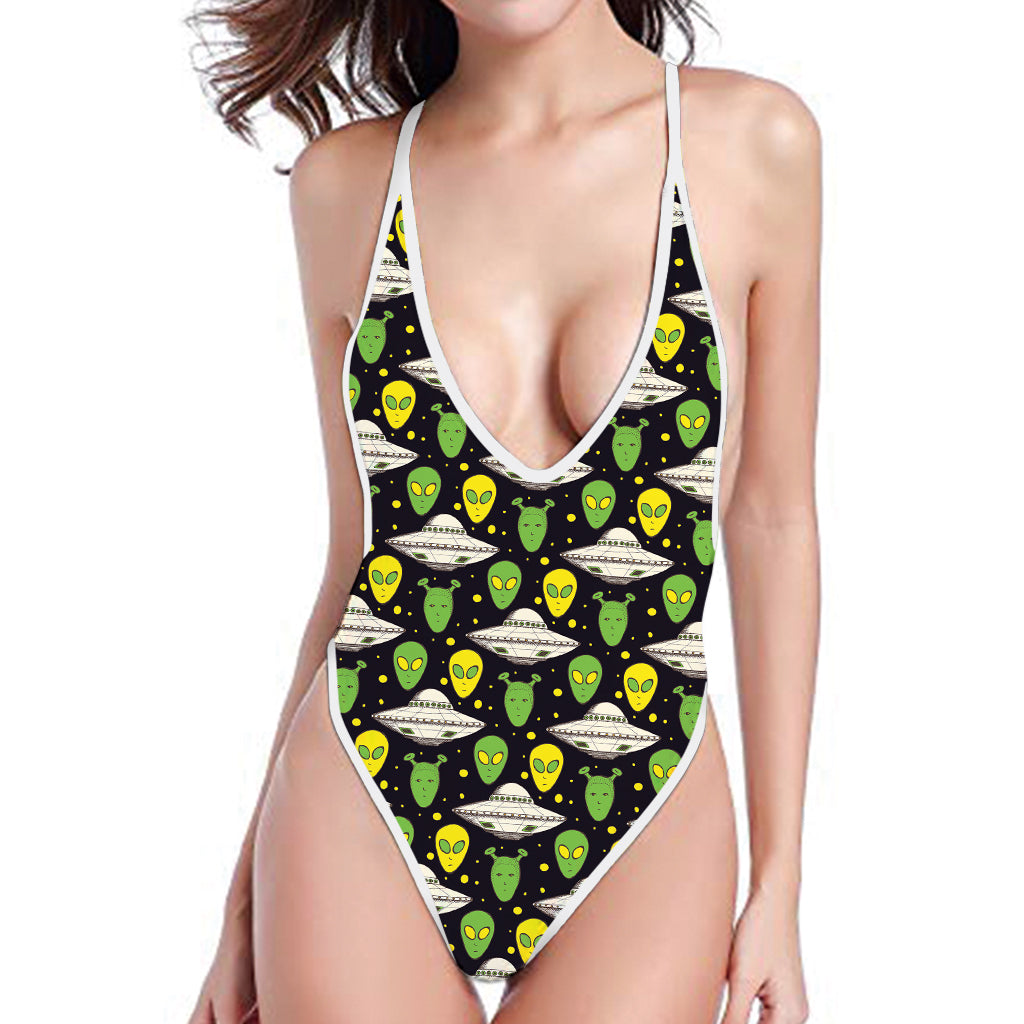 Green Alien UFO Space Print One Piece High Cut Swimsuit