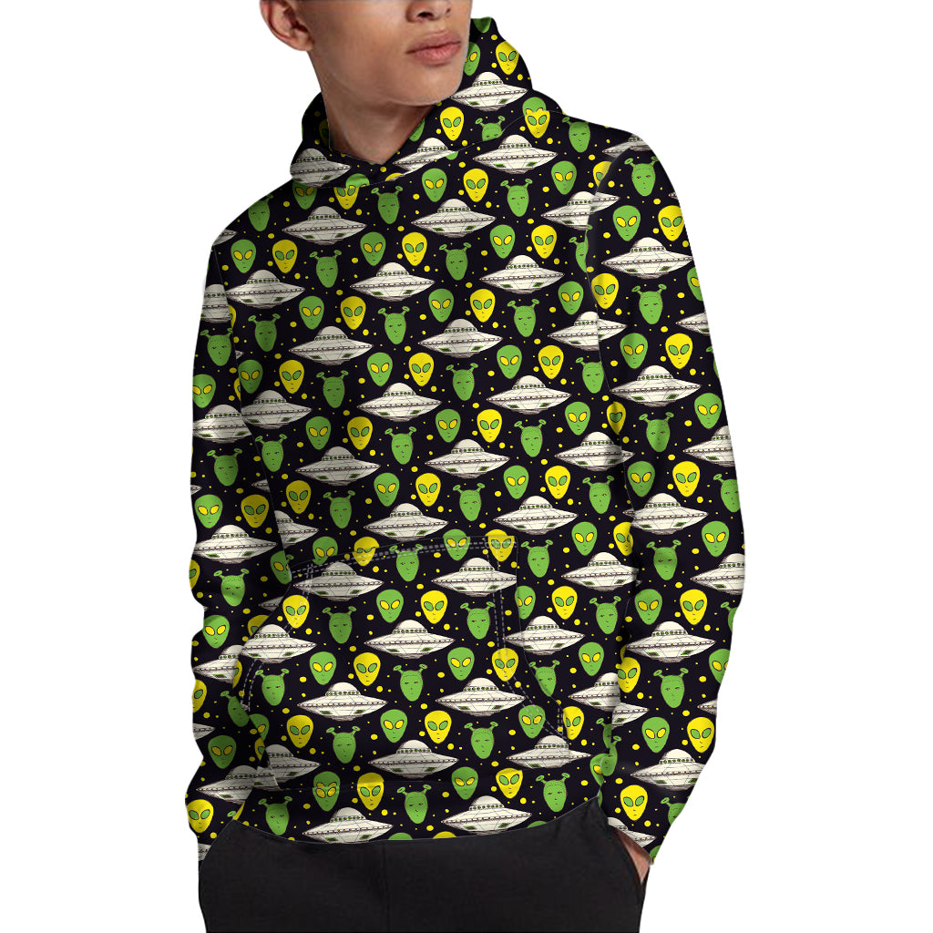 Green Alien UFO Space Print Pullover Hoodie