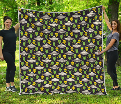 Green Alien UFO Space Print Quilt