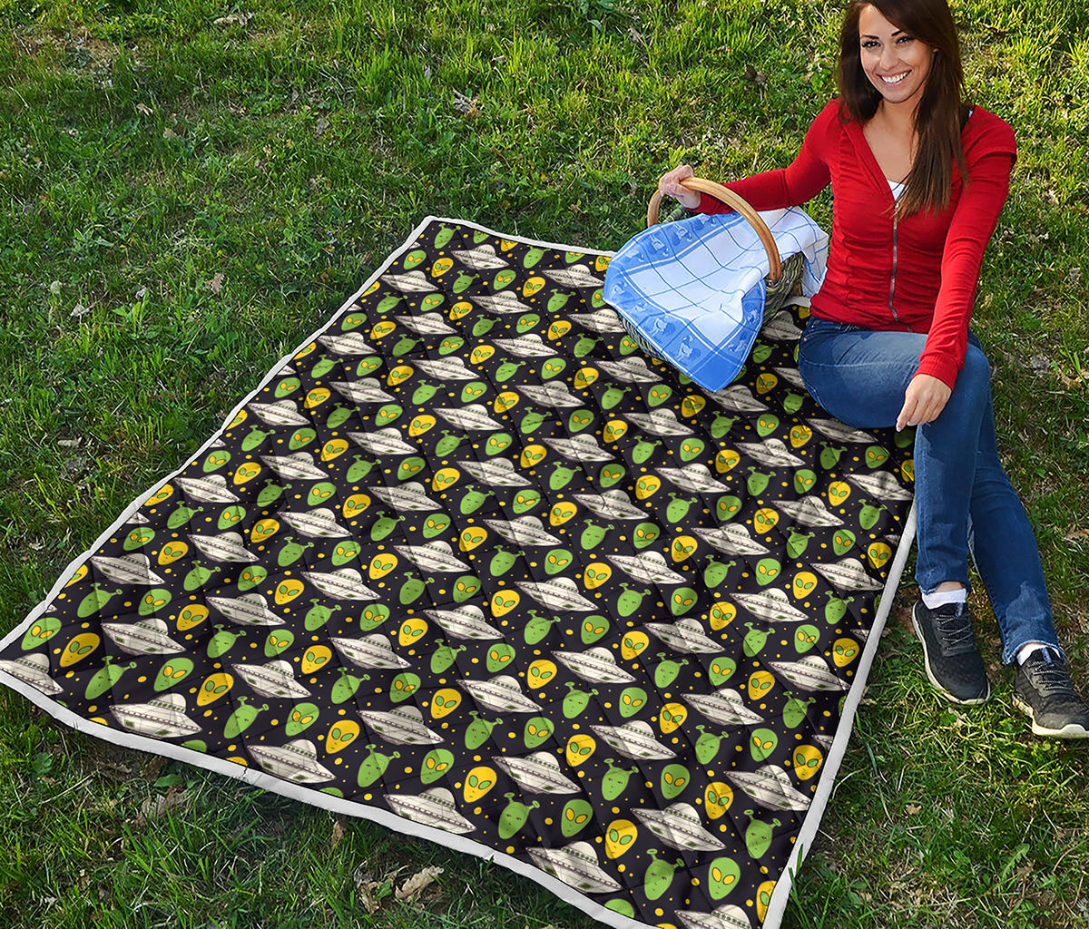 Green Alien UFO Space Print Quilt