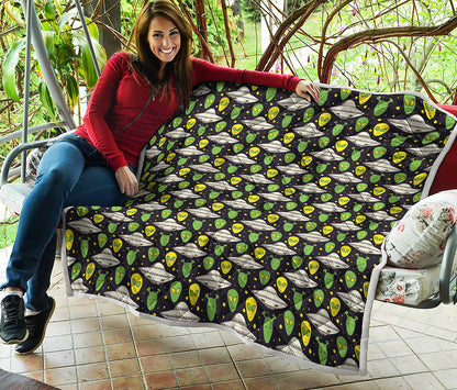 Green Alien UFO Space Print Quilt