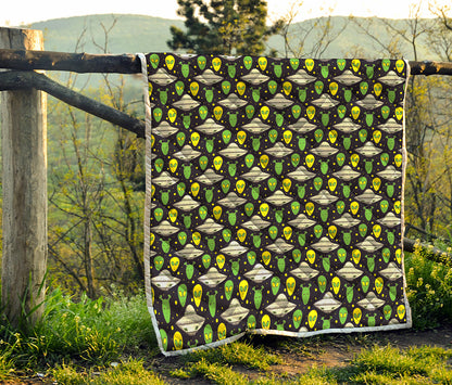 Green Alien UFO Space Print Quilt