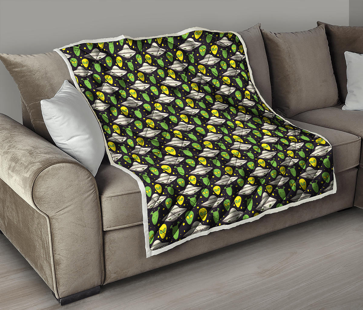 Green Alien UFO Space Print Quilt