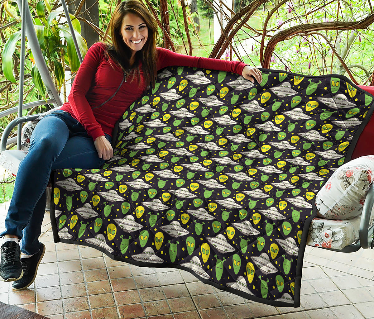 Green Alien UFO Space Print Quilt
