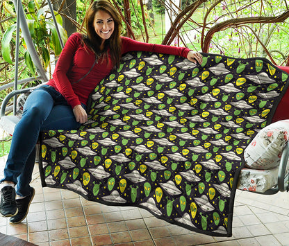 Green Alien UFO Space Print Quilt