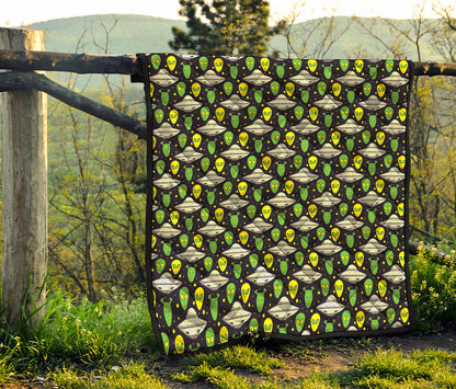 Green Alien UFO Space Print Quilt