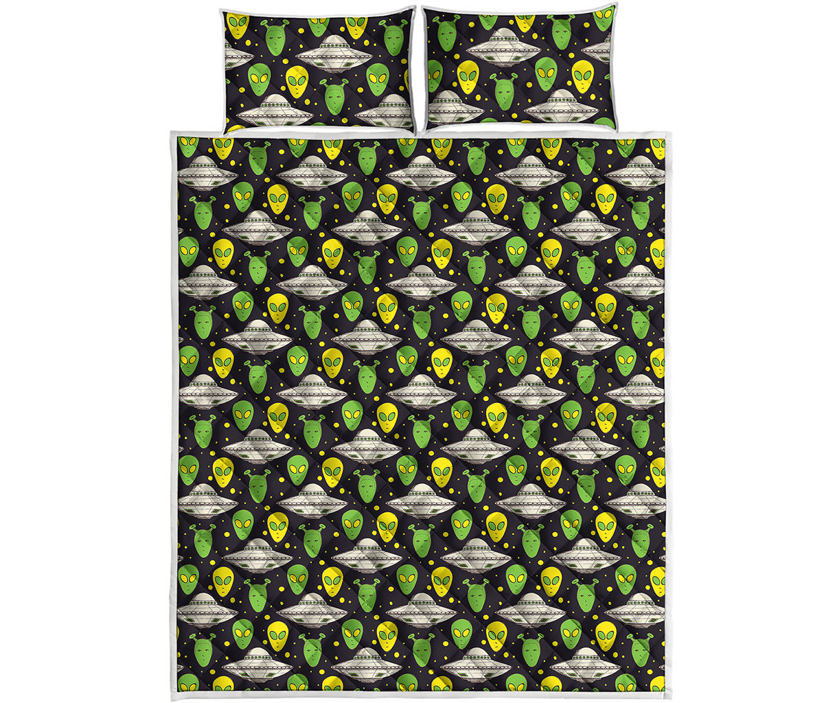 Green Alien UFO Space Print Quilt Bed Set